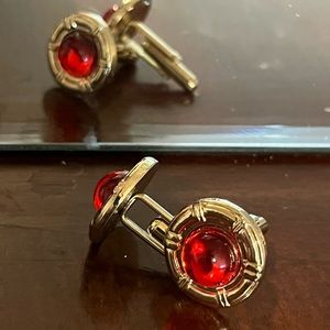 Red Round Gold Embossed Cuff Link Set